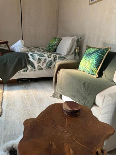 a living room with a couch and a coffee table at Tropical Garden Retreat in Napier