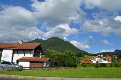 a house with a mountain in the background at Alpchalet Schwanstein in Halblech