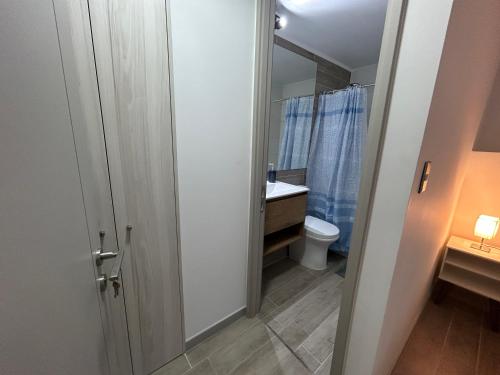 un baño con inodoro y lavabo en 1H1B I Movistar Arena I Con Estacionamiento, en Santiago
