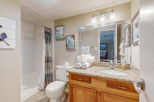 een badkamer met een toilet, een wastafel en een douche bij Marlin Arms Condominiums #9 in South Padre Island