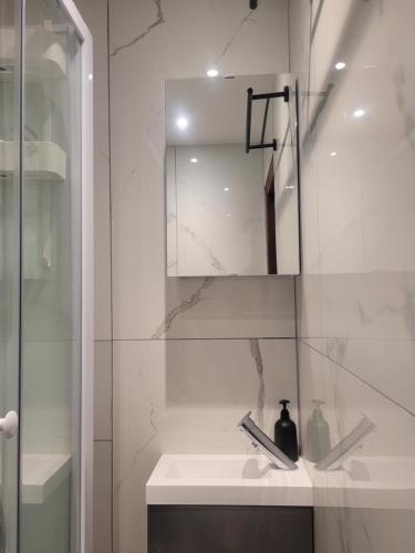 ein weißes Badezimmer mit Waschbecken und Spiegel in der Unterkunft Au petit montagnard in Les Rousses