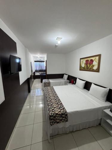 a bedroom with two beds and a flat screen tv at Lacazzona Hotel in Belo Jardim