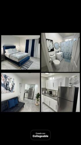 un collage de quatre photos d'une chambre et d'une cuisine dans l'établissement Cozy Guest House West Las Vegas, à Las Vegas