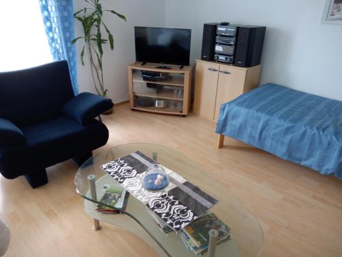 a living room with a glass coffee table and a tv at FeWo Schwäbische Alb in Burladingen