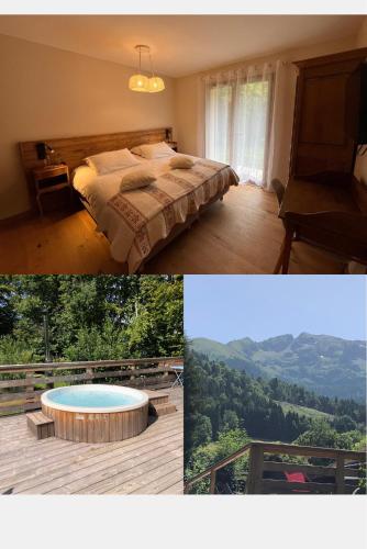 two pictures of a bedroom with a bed and a tub at Gîtes du Grand Replomb, Les Artistes, Piscine et Jacuzzi in Sainte-Agnès