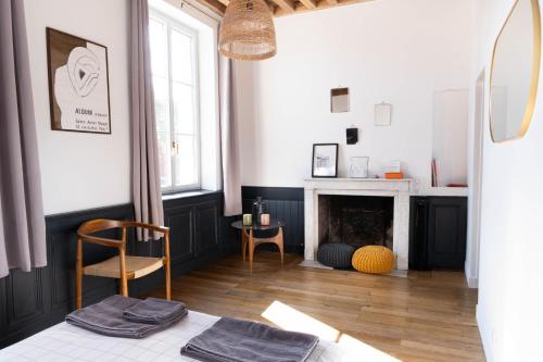 un soggiorno con camino e sedia di Les Jardins de La Cité 60m2 et parking gratuit a Digione
