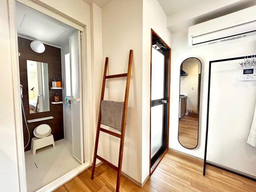 ein Badezimmer mit Toilette und Spiegel in der Unterkunft トライアングル若宮201 trianglewakamiya in Tokio