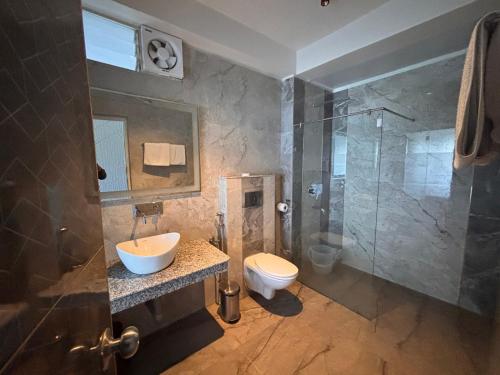 a bathroom with a toilet and a sink and a shower at Sood's Himalayan Vista in Kalimpong