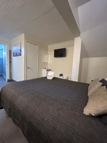 a bedroom with a bed and a tv on the wall at De Blasis Budget Rooms in Santiago