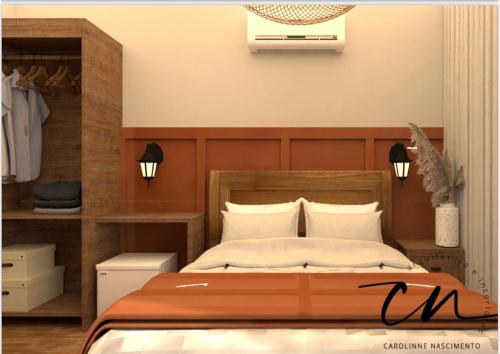 a bedroom with a bed and a closet at Pousada Grão & Vinha in Espirito Santo Do Pinhal
