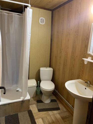 ein Badezimmer mit Toilette und Waschbecken in der Unterkunft Армаден in Slawske