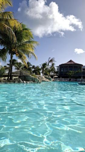 a pool of blue water with palm trees and a building at Ti Coco Vanni Studio Sea View in Belle-Allée