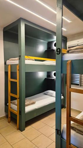 a room with three bunk beds in a room at Hostel new way in Sao Paulo