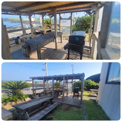 two pictures of a picnic table and a grill at Beach Sunset in Jeju