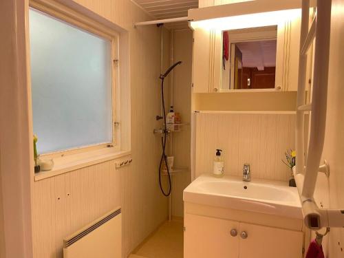 a bathroom with a sink and a mirror and a window at 9 person holiday home in SÖSDALA in Bjärnhult