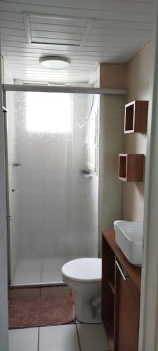 ein Badezimmer mit Dusche, Toilette und Waschbecken in der Unterkunft Lindo AP de 2 quartos e vaga de garagem 131 in São Leopoldo