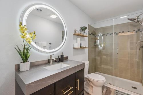 a bathroom with a sink and a toilet and a mirror at Valclyde Signature Home in Big Lake