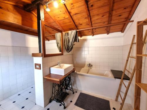 a bathroom with a sink and a bath tub at Gîte spacieux pour 12 personnes à Grammond, nature et confort - FR-1-496-373 in Chevrières