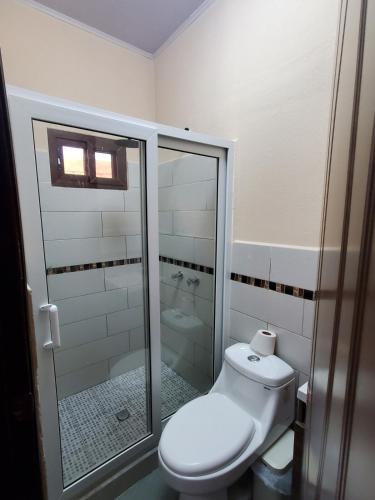 a white bathroom with a toilet and a shower at Casa familiar in El Molino