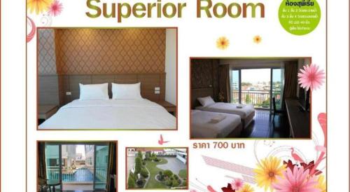 a collage of four pictures of a hotel room at The Grace Residence in Surin