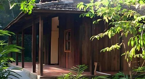 a small wooden house with a porch in a forest at Forest Floor Lodge in Cat Tien