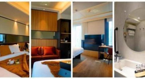 three different pictures of a hotel room with a room at Ehotel in Hong Kong
