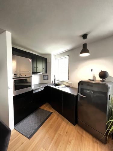 a kitchen with black cabinets and a black refrigerator at Outletcity Apartment Ferienwohnung Metzingen in Metzingen