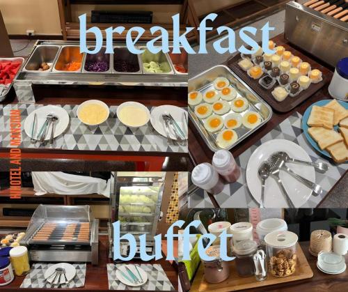 a breakfast counter in a restaurant with food on it at Hihotel Saraburi in Sara Buri