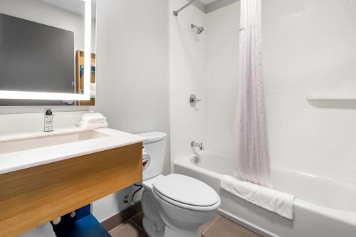 a bathroom with a toilet and a sink and a shower at Microtel Inn & Suites by Wyndham Prattville Montgomery in Prattville