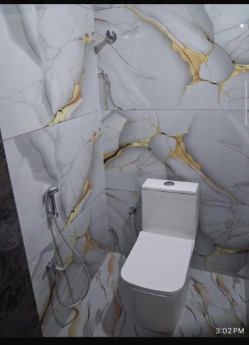 a bathroom with a toilet and a marble wall at Y R Heights in Hyderabad