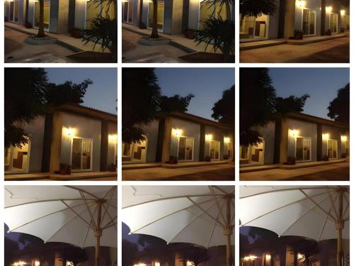 a group of four pictures of a building with an umbrella at Maesai Holic Lodge in Mae Sai