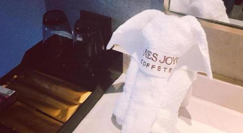 a white shirt sitting on a counter in a bathroom at James Joyce Coffetel Xi'an Lingtong The Terracotta Army Huaqingchi University Town Metro Station in Xi'an