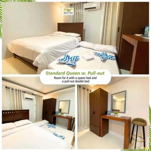 two pictures of a bedroom with a bed and a desk at Saffire Beach Resort and Glamping in Pagudpud