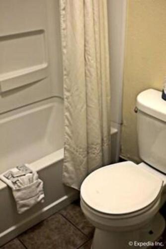 a bathroom with a toilet and a shower curtain at Lemon Heights Inn in Tustin