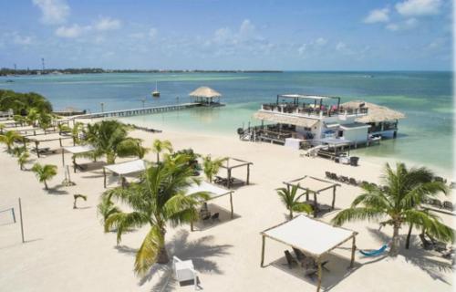 a beach with tables and palm trees and the ocean at The Bounty in Caye Caulker
