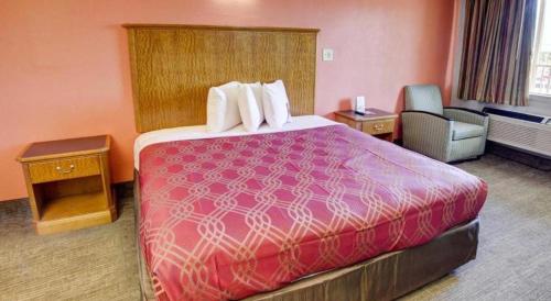 a hotel room with a large bed and a chair at Econo Lodge Airport in Norfolk