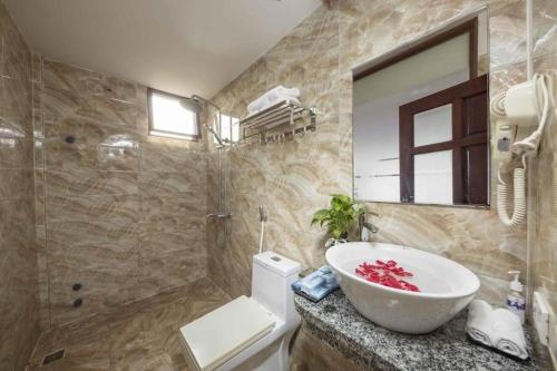 a bathroom with a sink and a toilet and a mirror at Viet Village Hotel in Hanoi