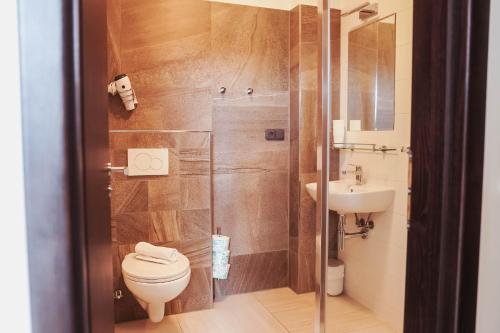 a bathroom with a shower and a toilet and a sink at Chata Krušnohorka in Kovářská