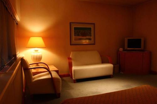 a living room with a chair and a lamp at Gunma Royal Hotel in Maebashi