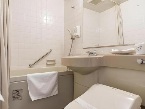 a bathroom with a sink and a toilet and a mirror at New Biwako Hotel in Otsu