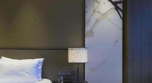 a bedroom with a bed and a lamp on a table at Golden Eagle Summit Hotel Kunshan in Suzhou