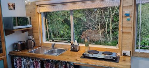 eine Küchentheke mit Spüle und Fenster in der Unterkunft Rameka Chalet in Takaka