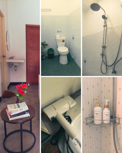 a collage of pictures of a bathroom with a shower at Bung Bud Homestay Kohyaonoi in Phangnga