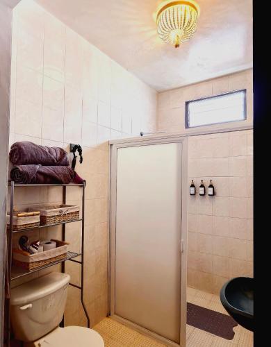 a bathroom with a toilet and a glass door at Casa completa en Jalatlaco con cocina equipada y parking hasta 7 huéspedes in Oaxaca City