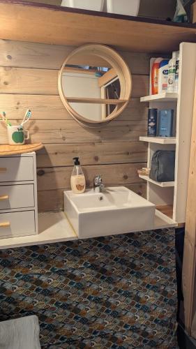a bathroom with a white sink and a mirror at Le chalet du bien-être in Vailhourles