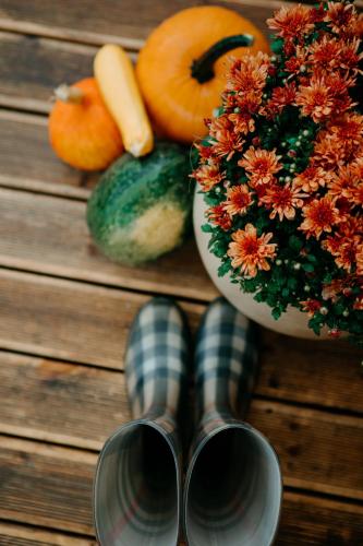 a pair of shoes and a bowl of flowers and vegetables at Patri's glamp in Mariánské Lázně