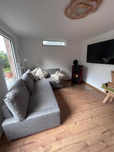 a living room with a couch and a flat screen tv at Ferienhaus Abendsonne in Sebnitz