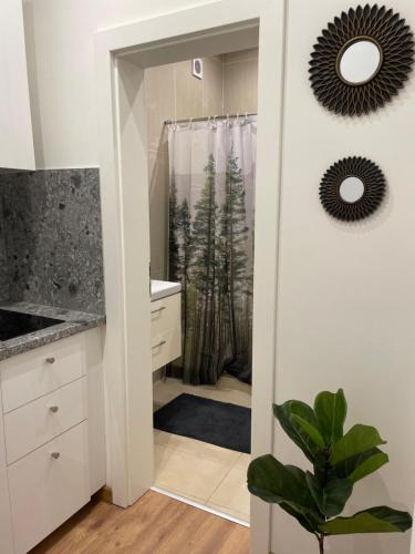 a bathroom with a shower with trees in the window at Atlas suites EAST in Košice