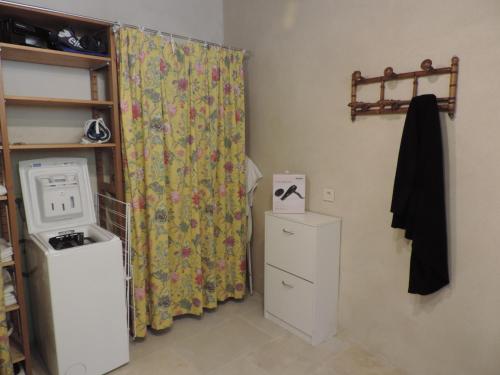 a kitchen with a refrigerator and a shower curtain at Le Numéro 1, maisonnette en Puisaye in Toucy