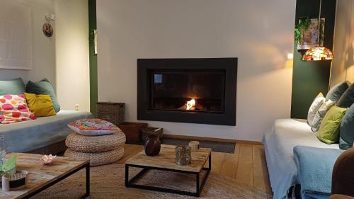 a living room with a fire in the fireplace at La Colline aux Fées in Yvoir